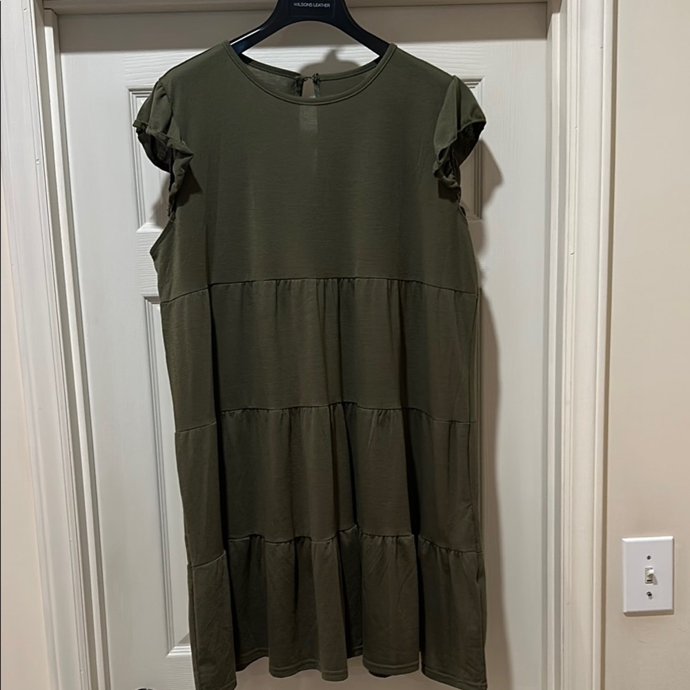 Olive Green Ruffle Sleeve Dress